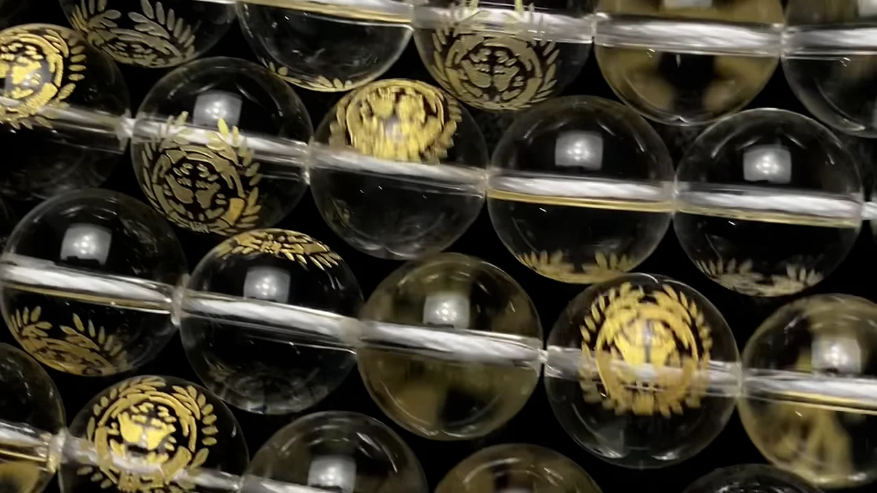 金色！伊達政宗の家紋（竹に雀）彫刻入り！クリスタル ラウンド10mm