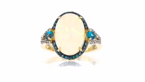 Opal, .40 ct. t.w. London Blue Topaz and .30 ct. t.w. Blue and White Diamond Ring in 14kt Yellow Gold