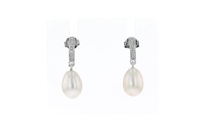 8-9mm Cultured Pearl Dangle Earrings with Diamond Accents in Sterling Silver