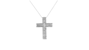 1.00 ct. t.w. Baguette and Round Diamond Cross Pendant Necklace in 14kt White Gold