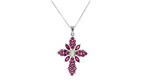 Ethiopian Opal and 3.80 ct. t.w. Rhodolite Garnet Cross Pendant Necklace in Sterling Silver