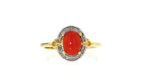 Orange Coral and .11 ct. t.w. Diamond Ring in 18kt Gold Over Sterling