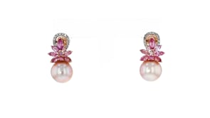 9-9.5mm Pink Cultured Pearl and 1.89 ct. t.w. Pink Sapphire Earrings with .13 ct. t.w. Diamonds in 14kt Rose Gold