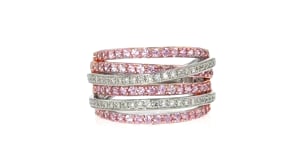 1.00 ct. t.w. Pink Sapphire and .15 ct. t.w. Diamond Highway Ring in Two-Tone Sterling Silver