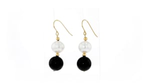 11-11.5mm Cultured Pearl and Black Onyx Bead Drop Earrings in 14kt Yellow Gold