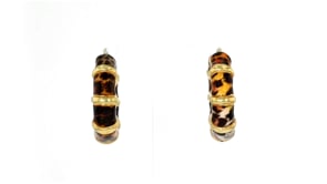 Italian Leopard-Print Enamel Bamboo-Style Hoop Earrings in 18kt Gold Over Sterling