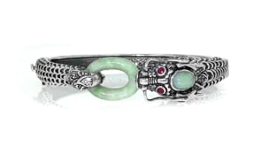 Jade, 1.40 ct. t.w. White Topaz and .10 ct. t.w. Ruby Dragon Bangle Bracelet in Sterling Silver