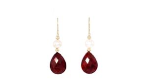20.00 ct. t.w. Ruby and Cultured Pearl Earrings in 14kt Yellow Gold