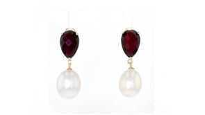 6.50 ct. t.w. Garnet and 14x10mm Cultured Pearl Drop Earrings in 14kt Yellow Gold