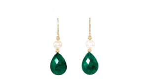 Cultured Pearl and 20.00 ct. t.w. Emerald Drop Earrings in 14kt Yellow Gold