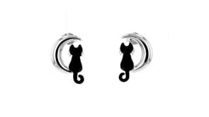 Sterling Silver Cat and Moon Earrings with Black Enamel