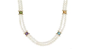 4.5-5.5mm Cultured Pearl Two-Strand Necklace with 4.80 ct. t.w. Multi-Gemstones in 18kt Gold Over Sterling