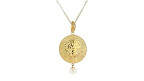 8-8.5mm Cultured Pearl and Lion Medallion Pendant Necklace in 18kt Gold Over Sterling