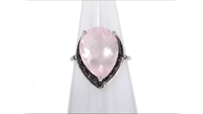 6.25 Carat Rose Quartz Pear-Shaped Ring with Black Spinel Accents in Sterling Silver