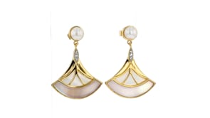 Pink and White Mother-of-Pearl, 5-5.5mm Cultured Pearl and .10 ct. t.w. White Topaz Fan Drop Earrings in 18kt Gold Over Sterling