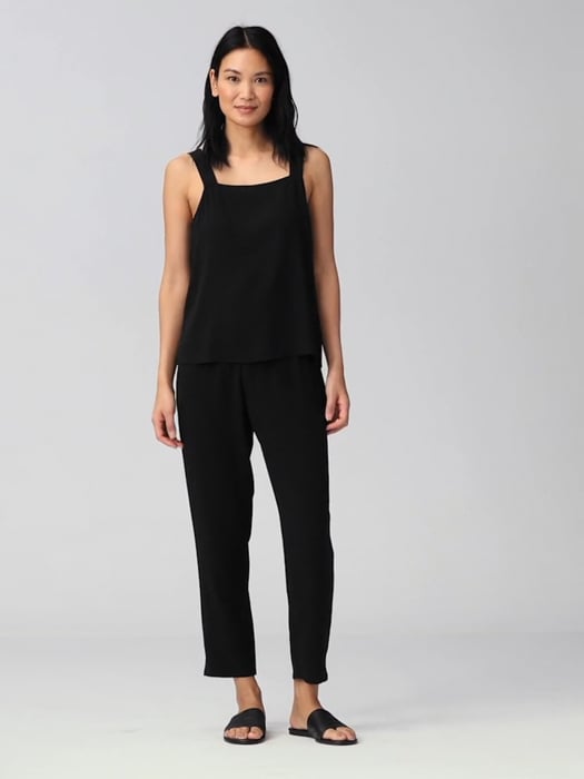 Eileen Fisher 100% Silk Black Tank Top Size Medium Women's Ruched Front  Detail