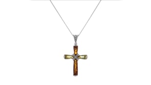 Two-Tone Amber Cross Pendant Necklace in Sterling Silver