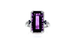 8.00 Carat Amethyst, .40 ct. t.w. Sapphire and .21 ct. t.w. Diamond Ring in 14kt White Gold