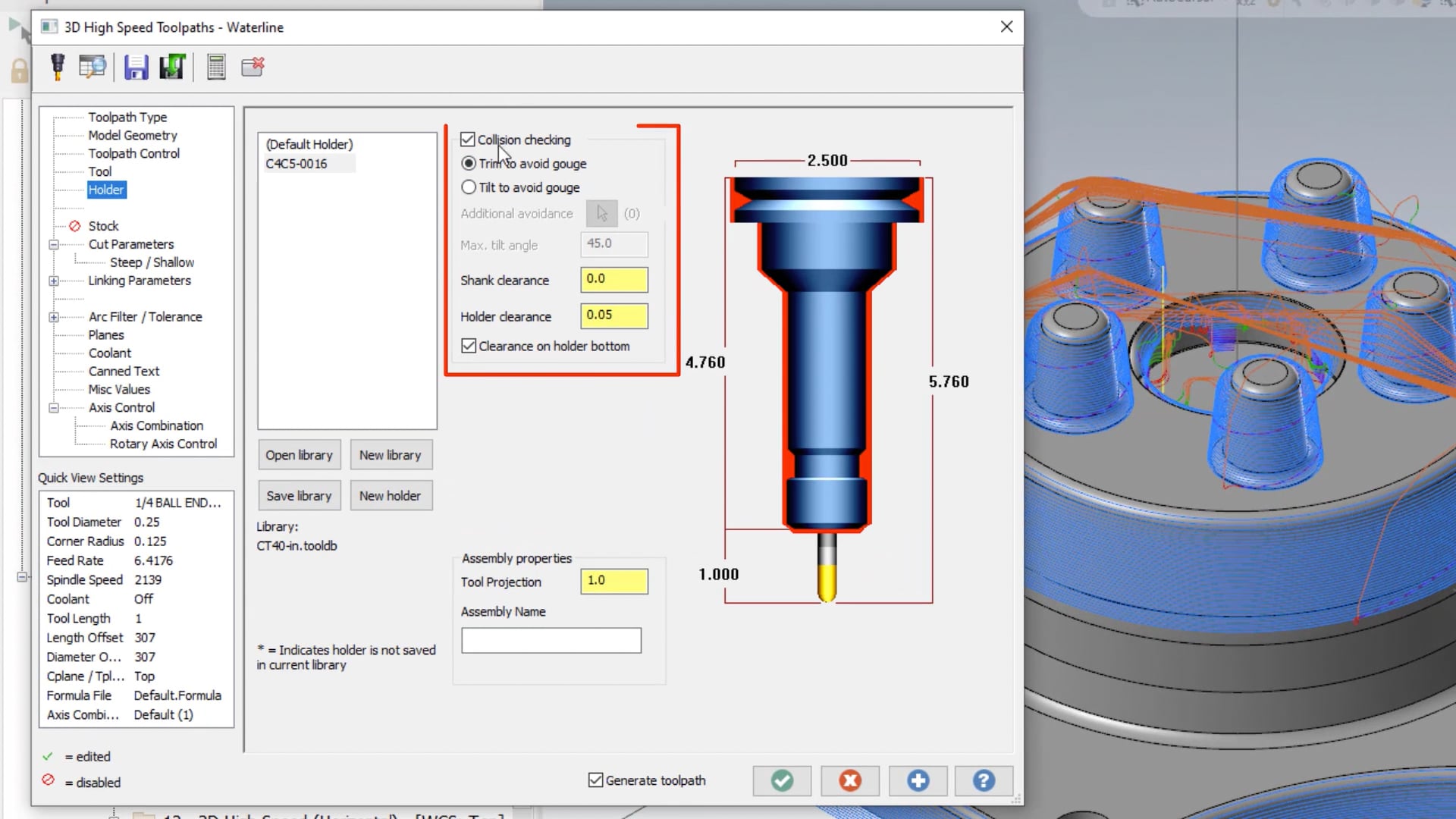 Collision checking against holder in 3D toolpaths