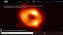 Image of Sagittarius A star. A gray box in the bottom left corner has text that reads "In Focus for the First Time: Sagittarius A*." Text at top reads "The result is the first image of the Milky Way's supermassive black hole, called Sagittarius A* (pronounced A-star)."