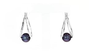 8-9mm Black Cultured Pearl Double-Hoop Earrings in Sterling Silver. 1