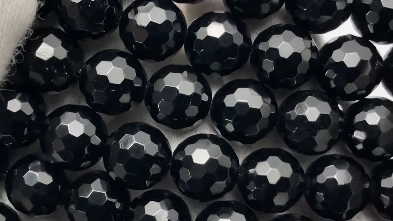 ブラックトルマリン 128面ラウンドカット10mm ｜天然石ビーズの卸問屋