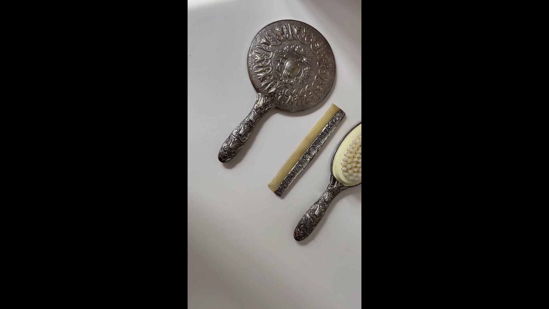 Silver-Plate Vanity Set With Comb, Brush and Mirror For Sale 