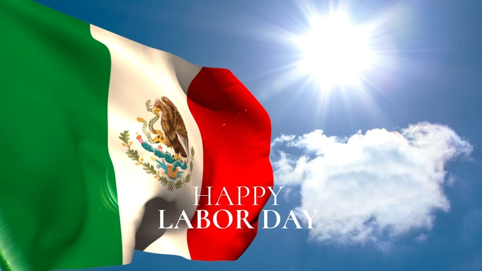 Animation of happy labor day text over flag of mexico and clouds Video