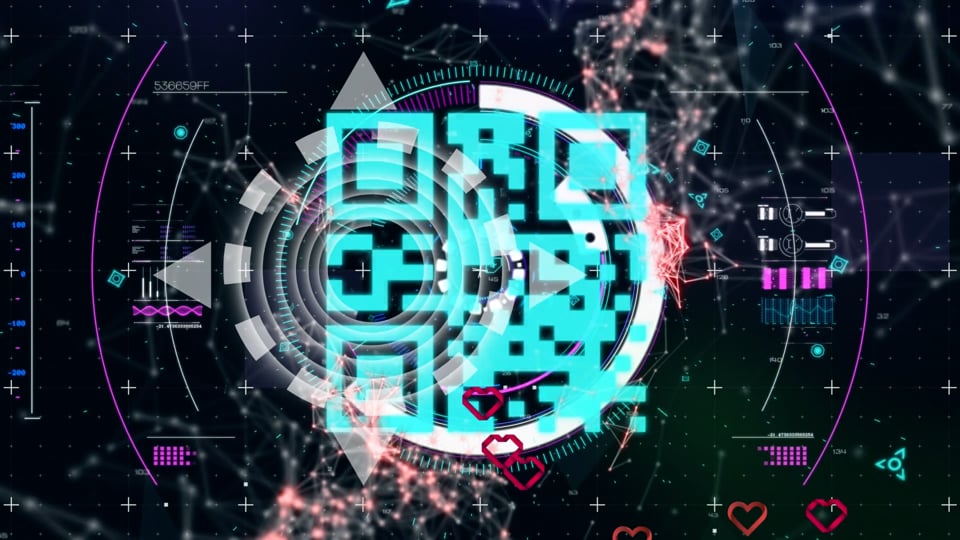 Animation of hearts floating over qr code and data processing Video