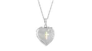 Sterling Silver Heart Locket Necklace with 14kt Yellow Gold Cross