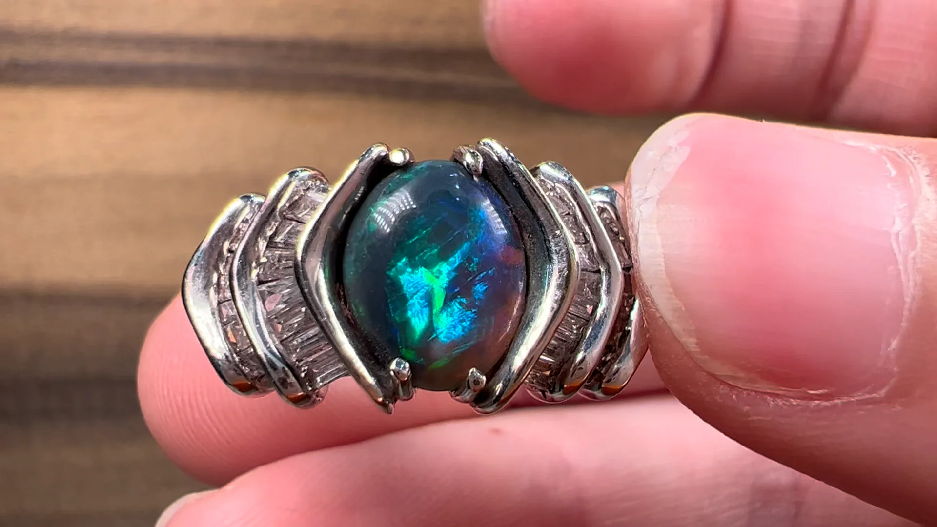 1.01ct Lightning Ridge Black Opal & Diamond Baguette Ring 1.01ct Lightning Ridge Black Opal & Diamond Baguette Ring