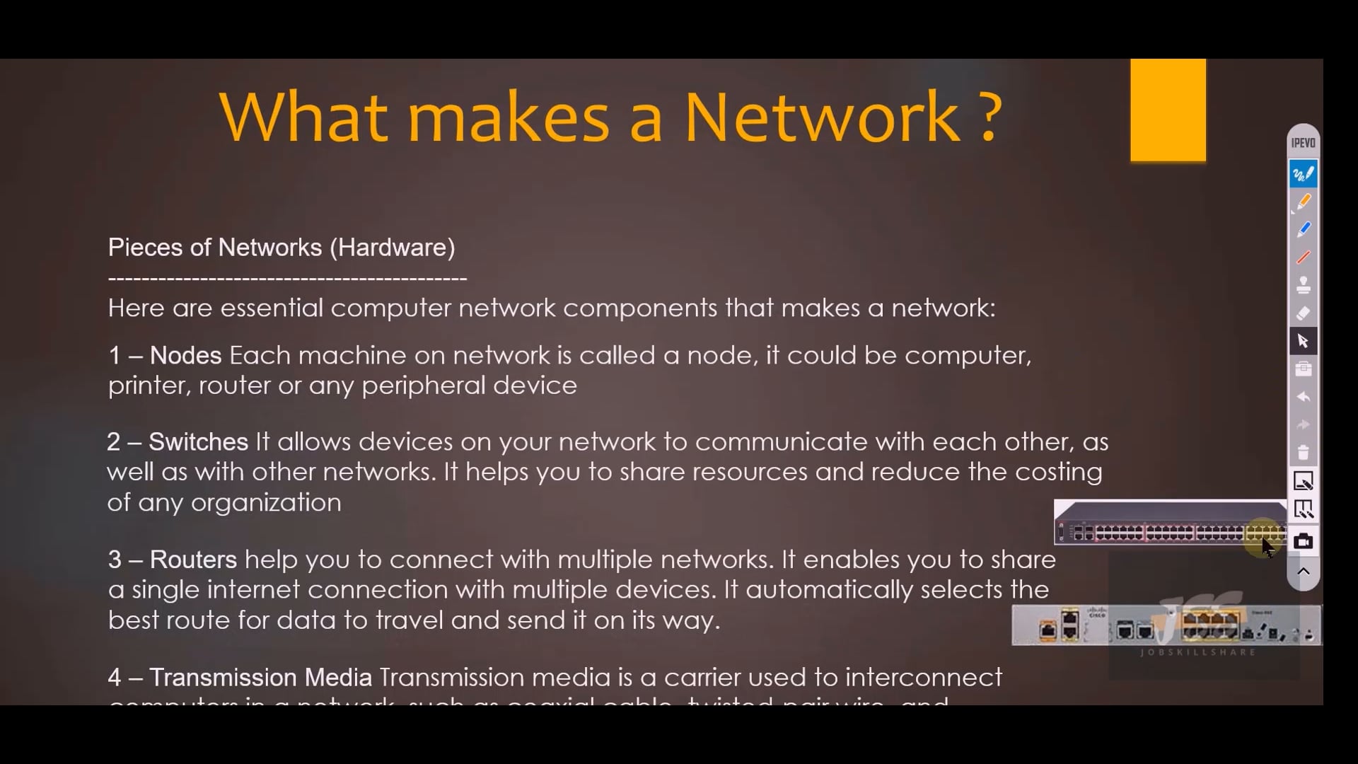 Illustration of network hardware components including nodes, routers, and switches.