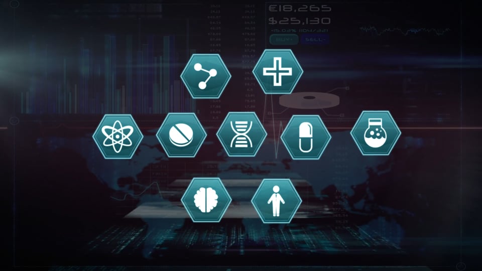 Multiple medical icons over screens with data processing against world