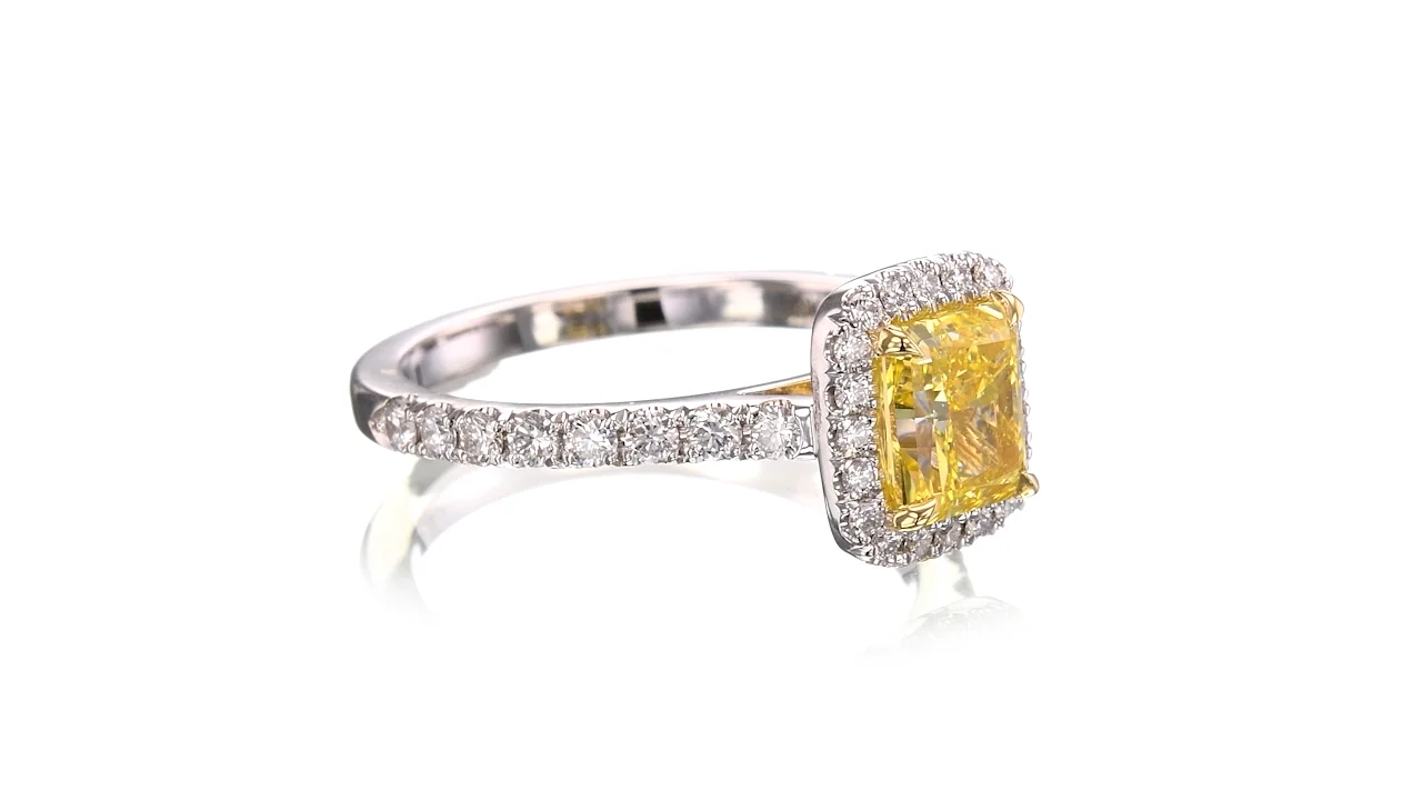 Fancy Intense Yellow Radiant Halo Diamond Ring, SKU 523489