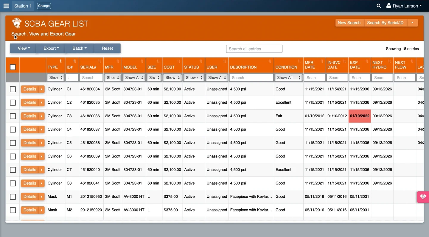 SCBA User: Using the Gear List