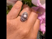 Marcasite (Pyrite), Pearl, Silver Ring 12059-7988