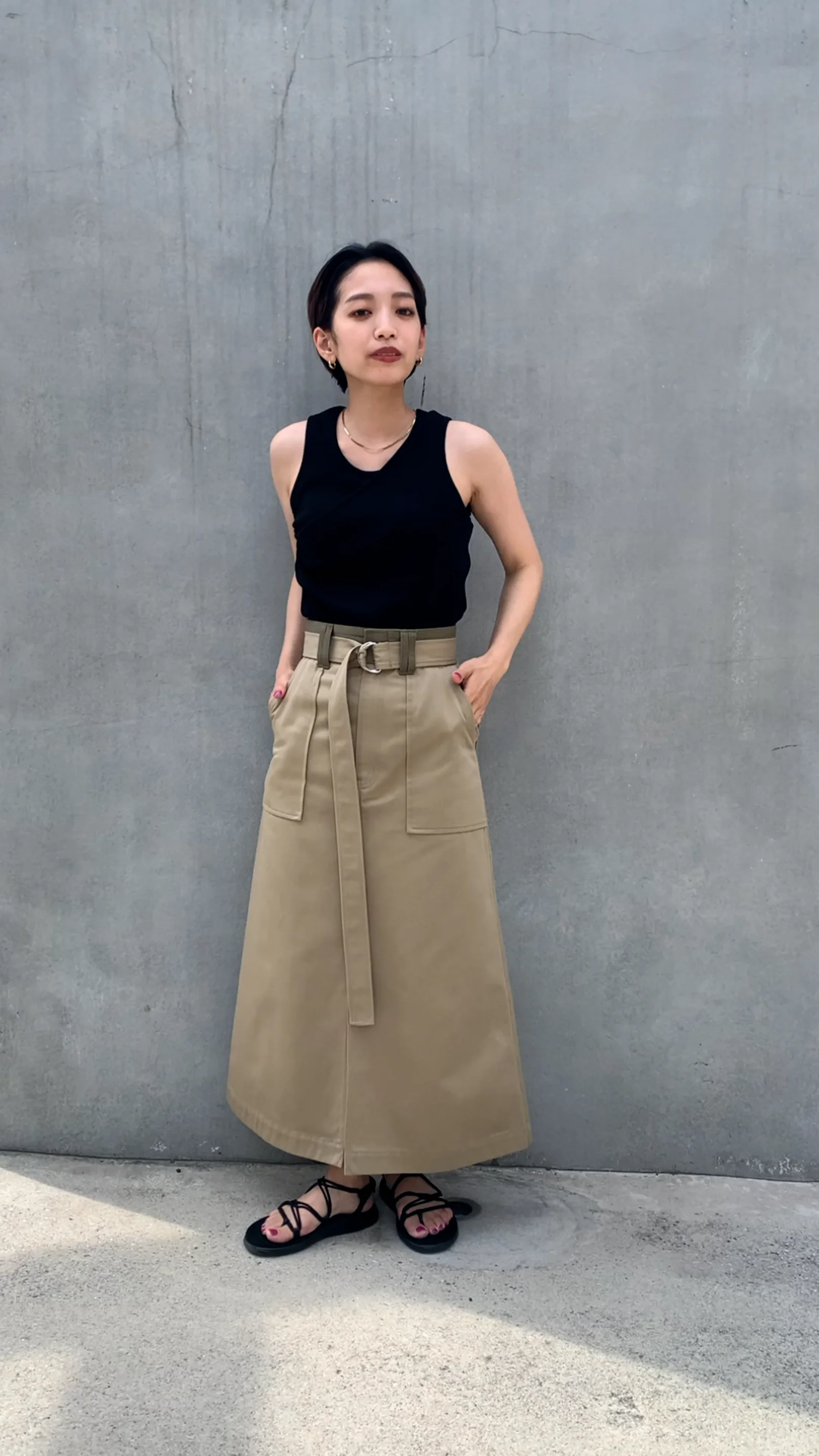 Dickiesコラボ 別注】ウエスト配色 ベルトチノロングスカート Dickiesコラボ 別注】ウエスト配色 ベルトチノロングスカート