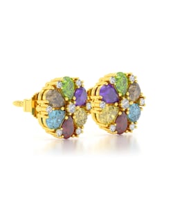 Vidéo: Boucles d'oreille Or Jaune Multi-Pierres semi-précieuses et Diamant 2.74grs