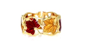 Italian Red and Yellow Enamel Leaf Ring in 14kt Yellow Gold
