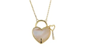 15x15mm Mother-of-Pearl and Diamond-Accented Heart Lock and Key Necklace in 18kt Gold Over Sterling