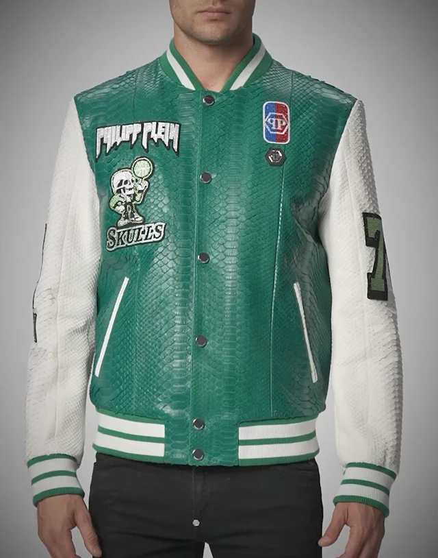 Python Leather College Jacket Basketball with Crystals