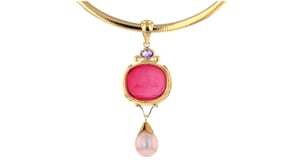Italian 10.5-11mm Pink Cultured Pearl, .60 Carat Amethyst and Pink Venetian Glass Intaglio Pendant in 18kt Gold Over Sterling