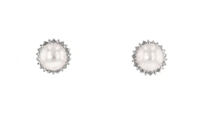 7-7.5mm Cultured Button Pearl and .13 ct. t.w. Diamond Stud Earrings in Sterling Silver
