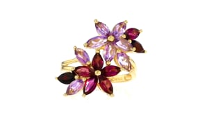 1.40 ct. t.w. Rhodolite Garnet, 1.20 ct. t.w. Amethyst and .50 ct. t.w. Garnet Flower Ring in 18kt Gold Over Sterling