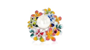 8.5-9mm Cultured Pearl Flower Ring with Diamond Accents and Multicolored Enamel in Sterling Silver