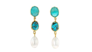 Cultured Pearl, Turquoise and 5.75 ct. t.w. Green Quartz Drop Earrings in 18kt Gold Over Sterling