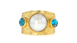 9.5-10.5mm Cultured Pearl and Turquoise Ring in 18kt Gold Over Sterling