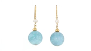 35.00 ct. t.w. Milky Aquamarine and 4-5mm Cultured Pearl Drop Earrings in 18kt Gold Over Sterling