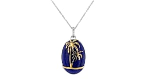 Oval lapis palm tree pendant necklace in sterling silver and 14kt yellow gold
