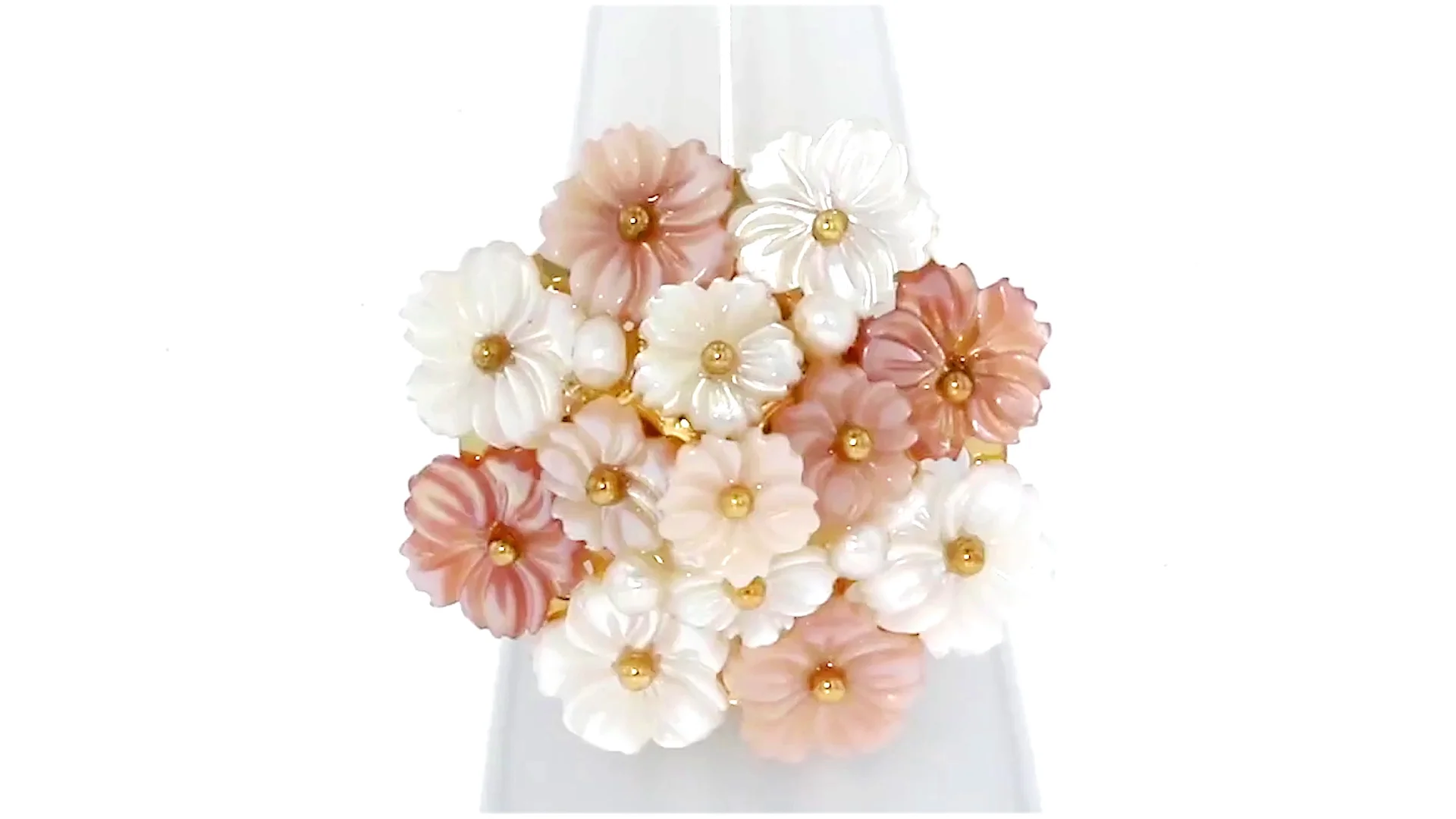 Italian Pink and White Mother-of-Pearl Flower Ring with Cultured